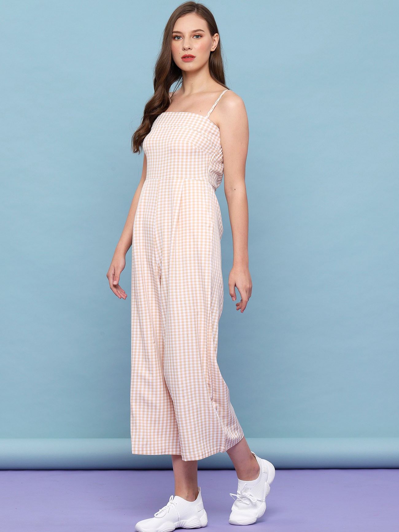 blue and white checkered jumpsuit