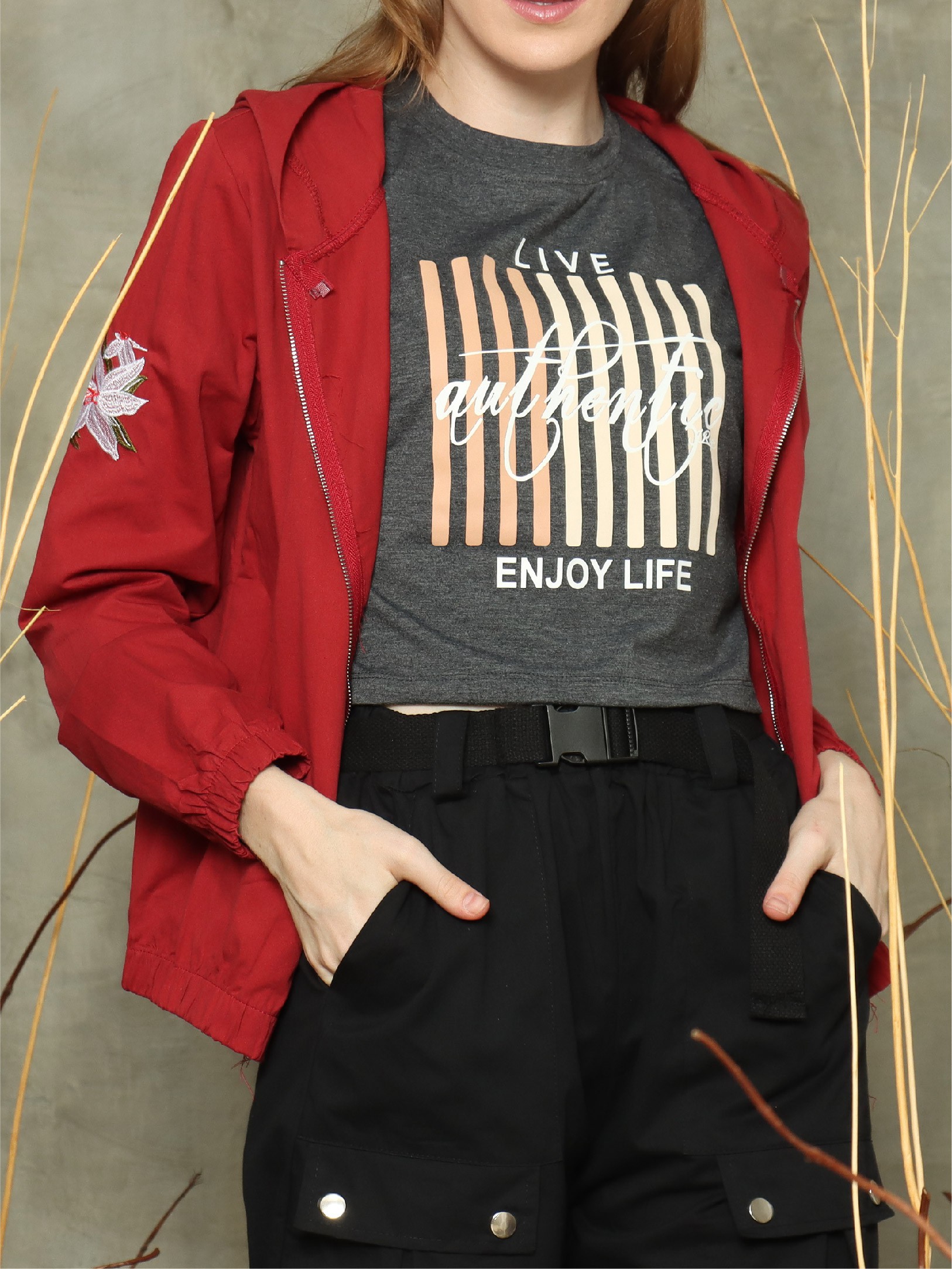 Flower embroidery sleeve hoodie jacket 