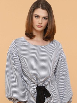 Front Tie Stripes puffy long Sleeves Top