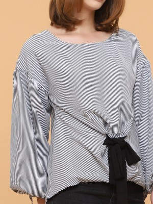 Front Tie Stripes puffy long Sleeves Top