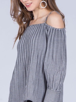 Off Shoulder Long Sleeveeles Gingham Top