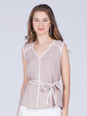 White Lining Sleeveless Waist-Tie Top