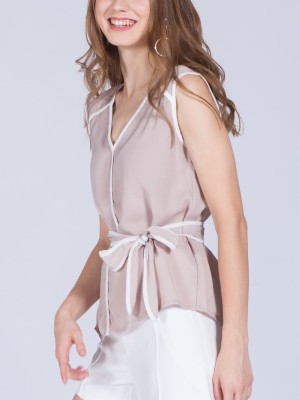 White Lining Sleeveless Waist-Tie Top