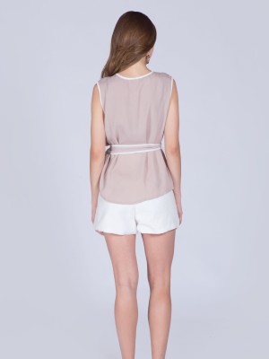 White Lining Sleeveless Waist-Tie Top