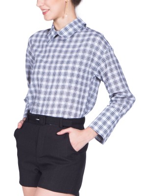 High Collar Long Sleeves Checkered Top