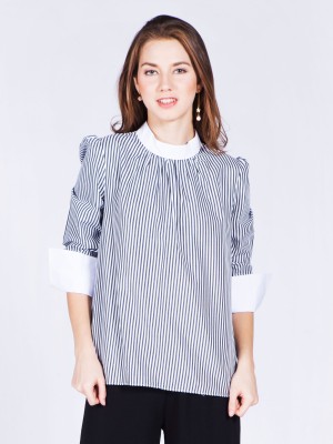 High Neck Long Sleeve Stripes Top