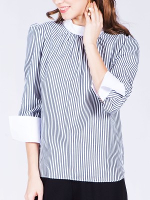 High Neck Long Sleeve Stripes Top