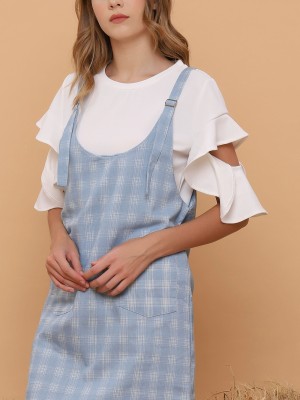 Double Pockets Blue Checkered Dungaree Skirt