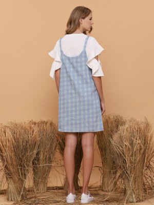 Double Pockets Blue Checkered Dungaree Skirt