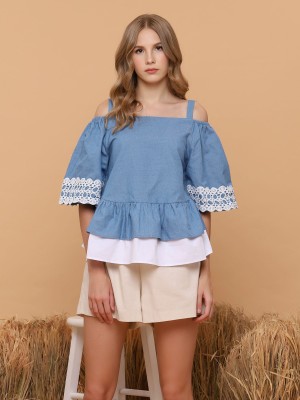 Two Tones Chambray Drop Shoulder Top