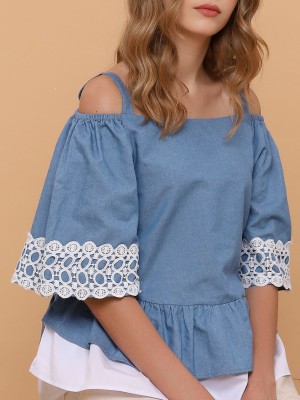 Two Tones Chambray Drop Shoulder Top