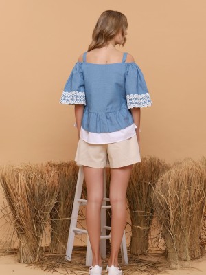 Two Tones Chambray Drop Shoulder Top