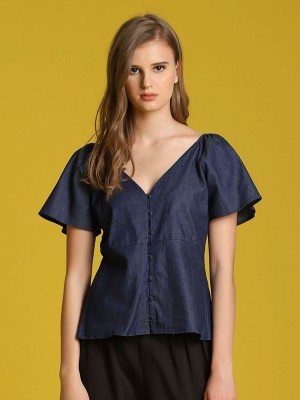 Wide V Neck Button-Up Top