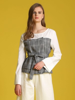 Two Tones Checkered Long Sleeveless Top