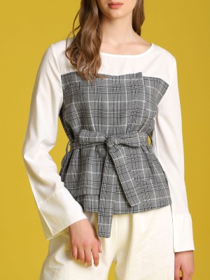 Two Tones Checkered Long Sleeveless Top