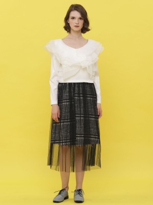 Checkered Tulle Layered Midi Skirt