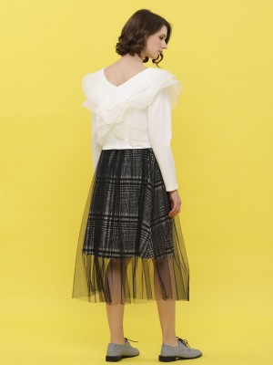 Checkered Tulle Layered Midi Skirt