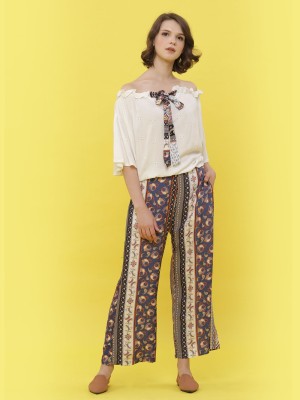 2 Pcs Bohem Print Pants With Embroidered Top