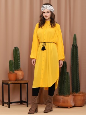 Button-Up Long Sleeve Maxi Dress With String Belt