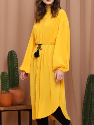 Button-Up Long Sleeve Maxi Dress With String Belt