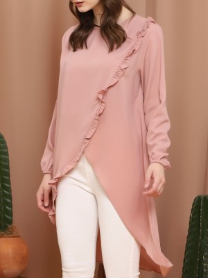 Front Slit Asymetric Ruffle Long Sleeve Long Top