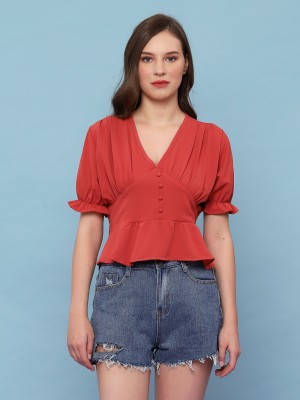 V-Neck Runched Sleeve Crop Top