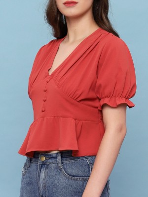 V-Neck Runched Sleeve Crop Top