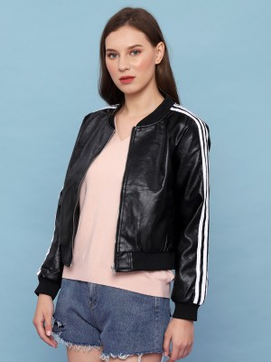 Synthetic Leather White Sleeves Lining Bomber Jacket