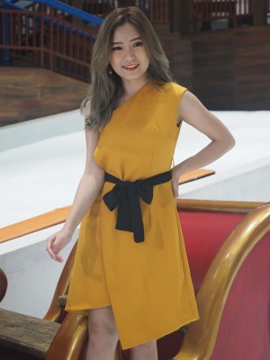 One Shoulder Layer With Belt Ribbon Dress