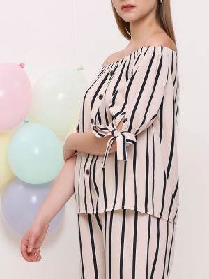 2Pcs Set Off Shoulder Top W/Long Stripe Pants