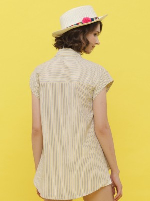Short Sleeveless Stripes Asymmetric Shirt