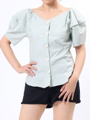 Wide Collar Button Up Short Sleeves Top