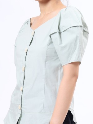Wide Collar Button Up Short Sleeves Top
