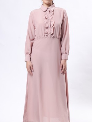 Front-Ruffle Long Sleeveless Half Button-Up Maxi Dress