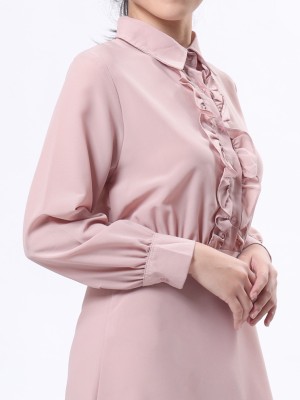 Front-Ruffle Long Sleeveless Half Button-Up Maxi Dress