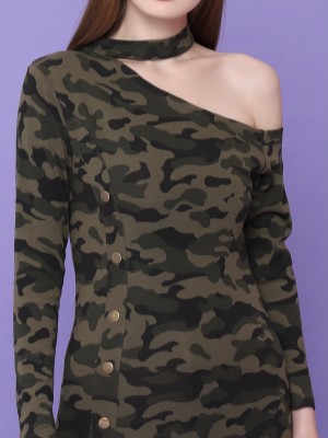 Camo Army Print Off Shoulder Mini Dress