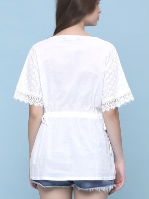 Flower Embroidered Waist Drawstring Top