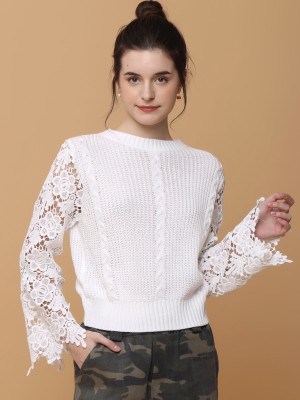 Sleeves Ambroidered Knitted Crop Sweater