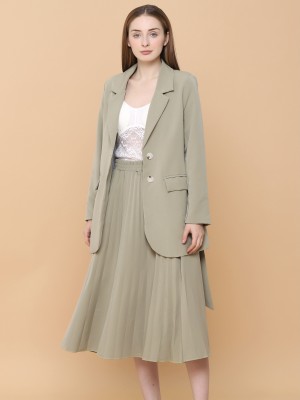 2 Pcs Set Blazer With Pleated Skirt And Belt