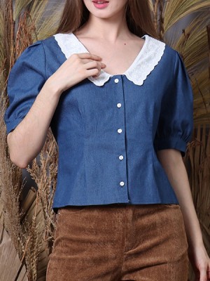 Cottage Core Embroidered Collar Denim Shirt 