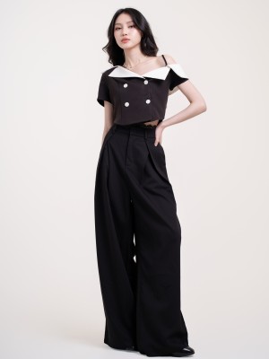 SMARTEN LACE EDGE FRONT PLEATS HIGH WAISTED PANTS