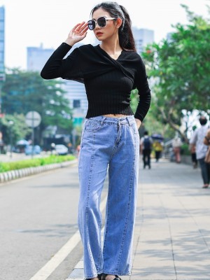 Front Stitch Wide Leg Washed Light Denim Jeans