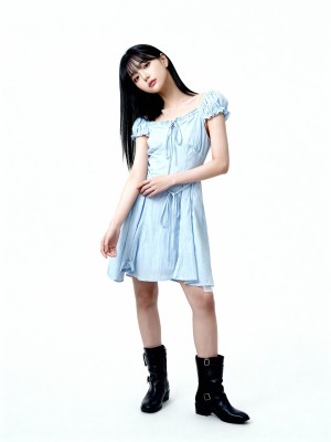 Multi Colour Puff Sleeves Knee Length Dress