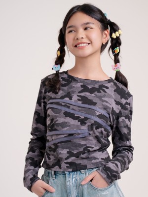 JR DITOX Zipper Army Pattern Long Sleeves Tee