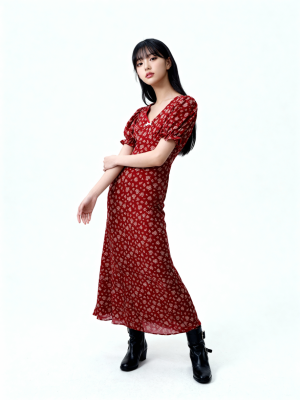 CNY Puff Sleeves V - Neck Flower Print Dress