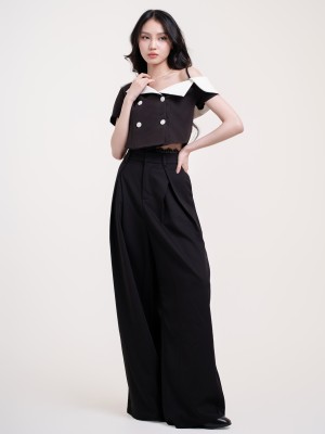 SMARTEN LACE EDGE FRONT PLEATS HIGH WAISTED PANTS