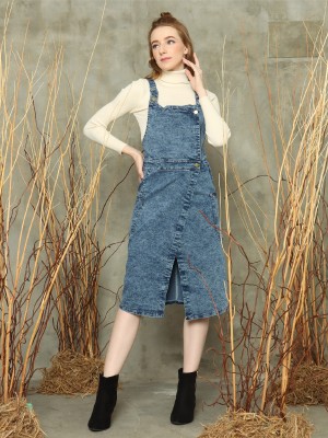 Denim dungaree midi dress