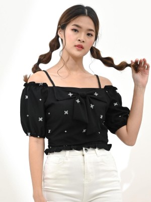 Embroidered off shoulder ribbon front top