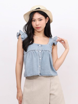 BTC Ruffles  Sleeves Square Neck Denim Shirt