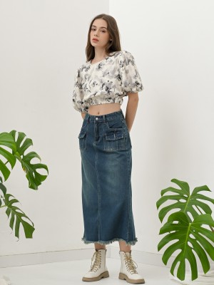 FELIZ23 Double Front Pocket Unfinished Denim Midi